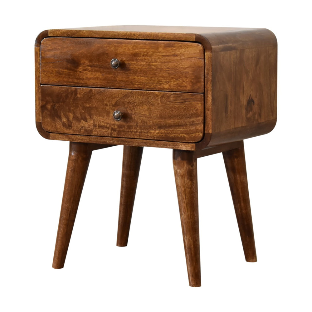 Chestnut Rounded Bedside Table Curved Chestnut Bedside Table With Drawers | Green & Gable
