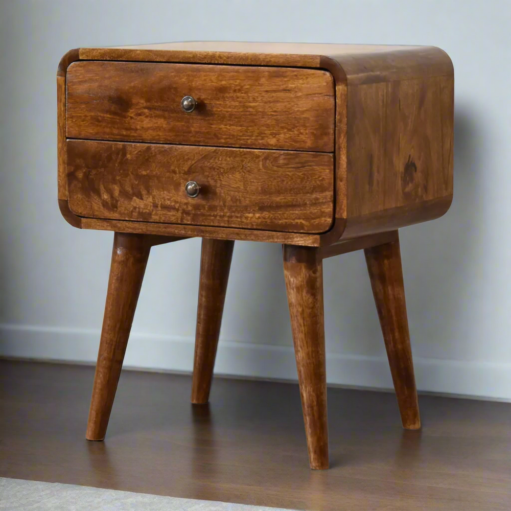Chestnut Rounded Bedside Table Curved Chestnut Bedside Table With Drawers | Green & Gable