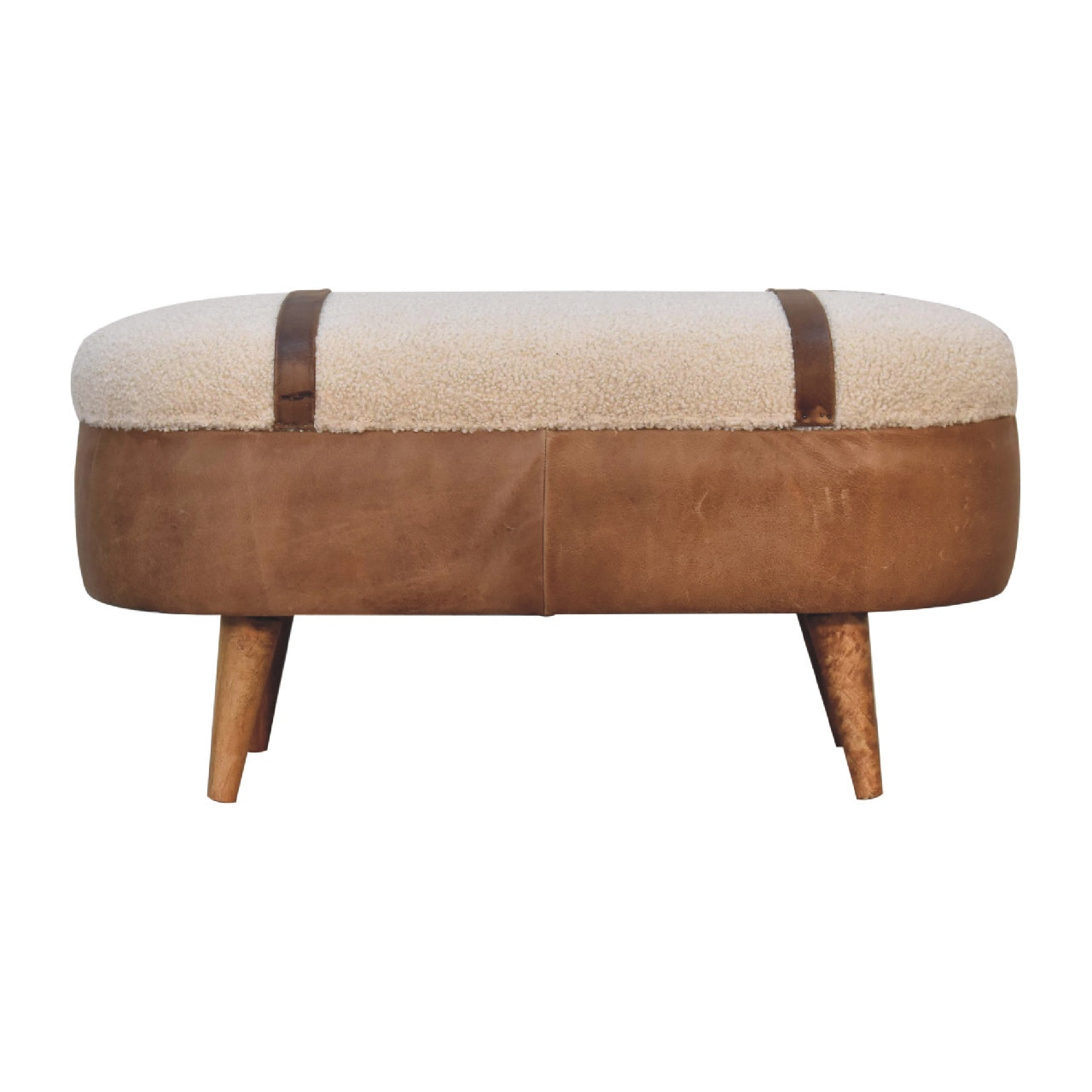 A beige boucle seat bench with brown buffalo leather straps and a wooden base with four legs.