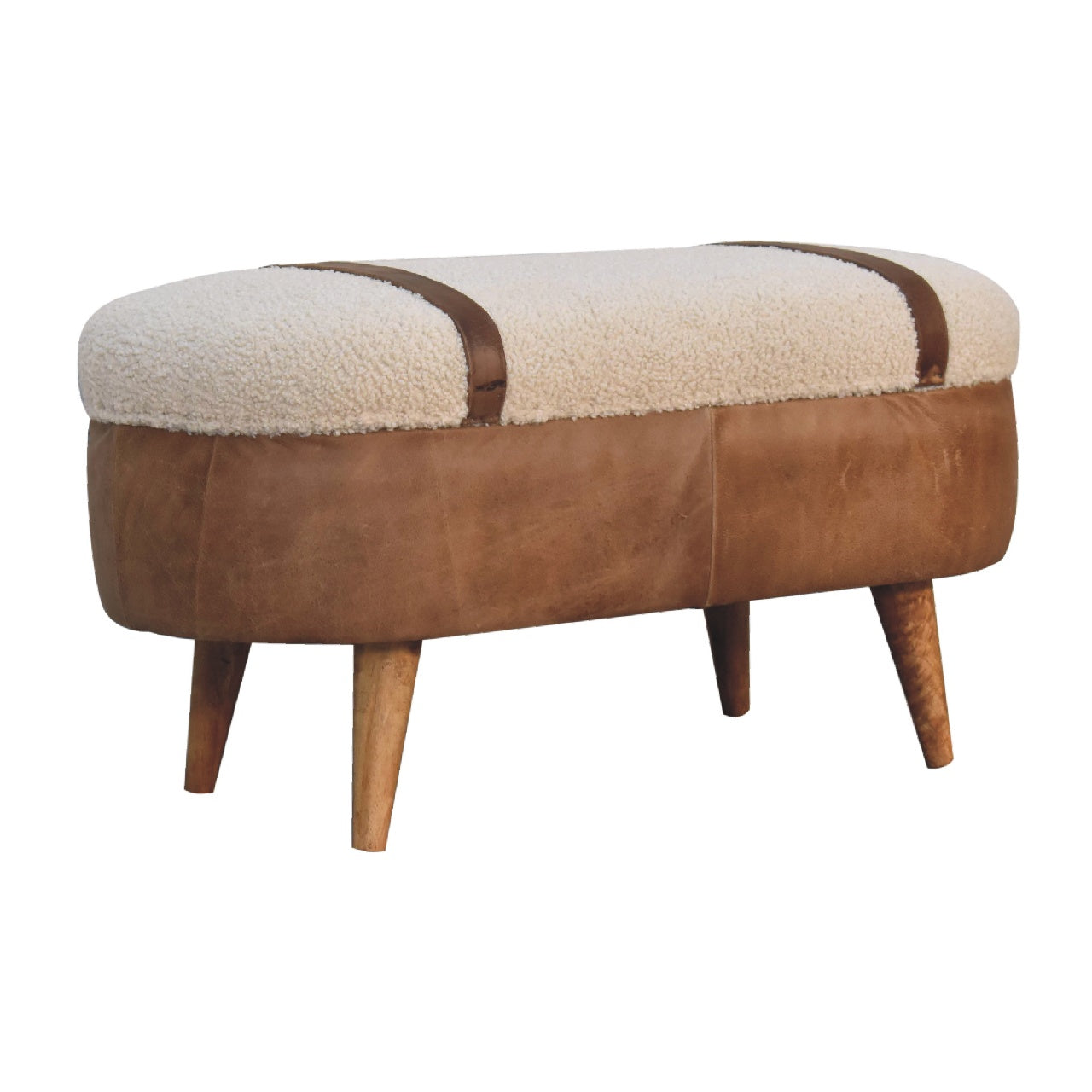 A beige boucle seat bench with brown buffalo leather straps and a wooden base with four legs with a white background