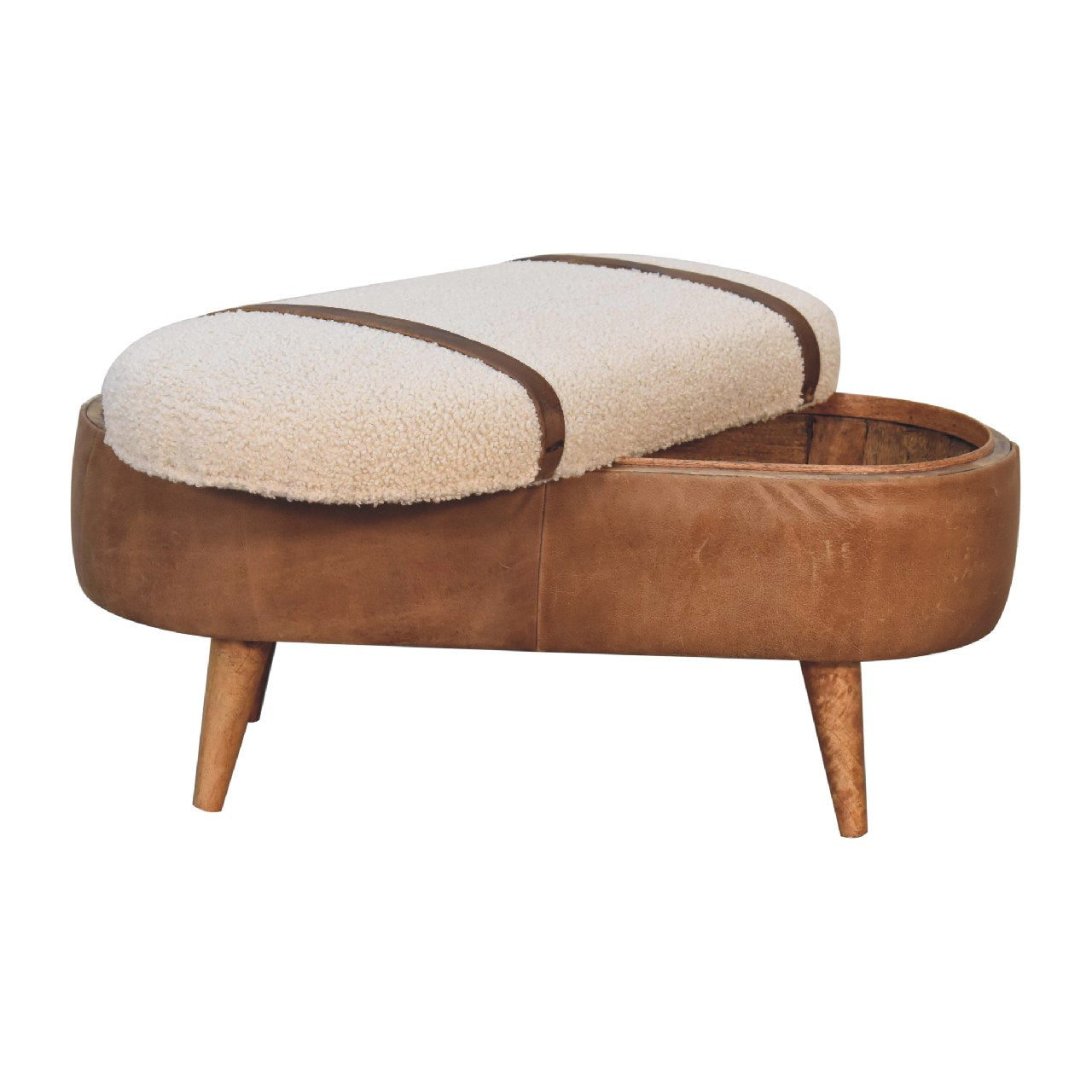 A beige boucle seat bench with brown buffalo leather straps and a wooden base with four legs and a removable top