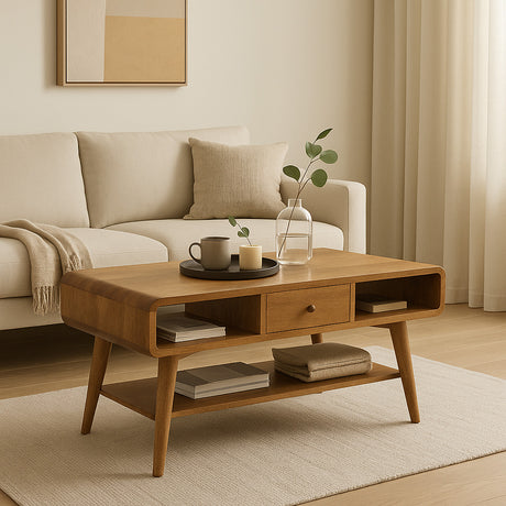 Wooden coffee table in a living room with a beige sofa and decorative items.