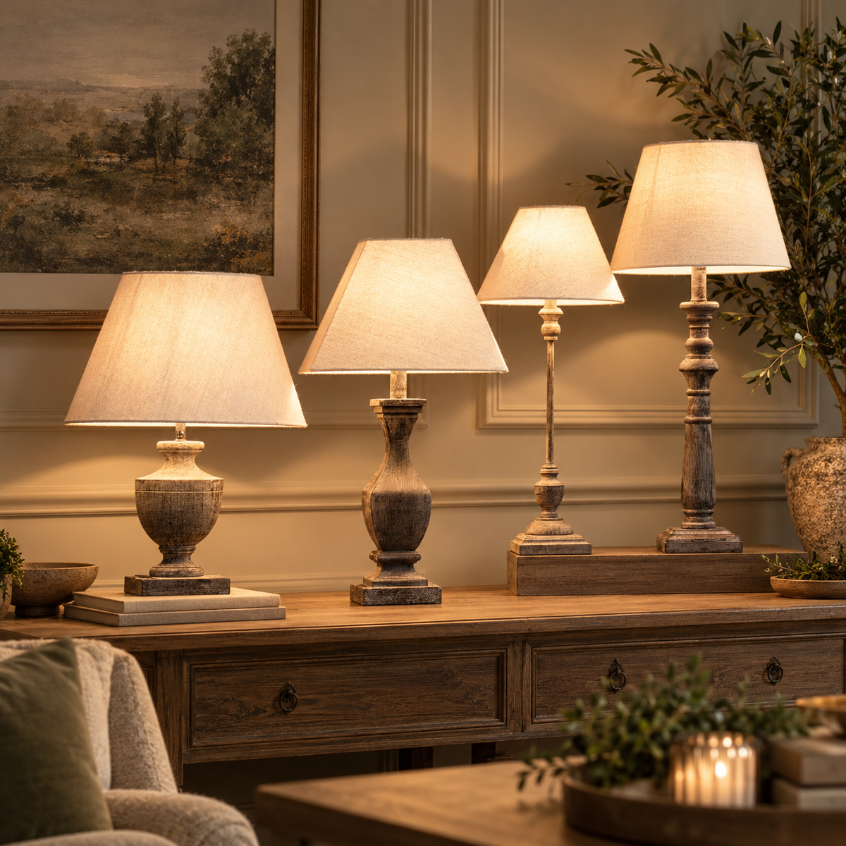 Four Incia Wooden Table Lamps in Urn, Fluted, Stem and Column styles lit on a wooden console