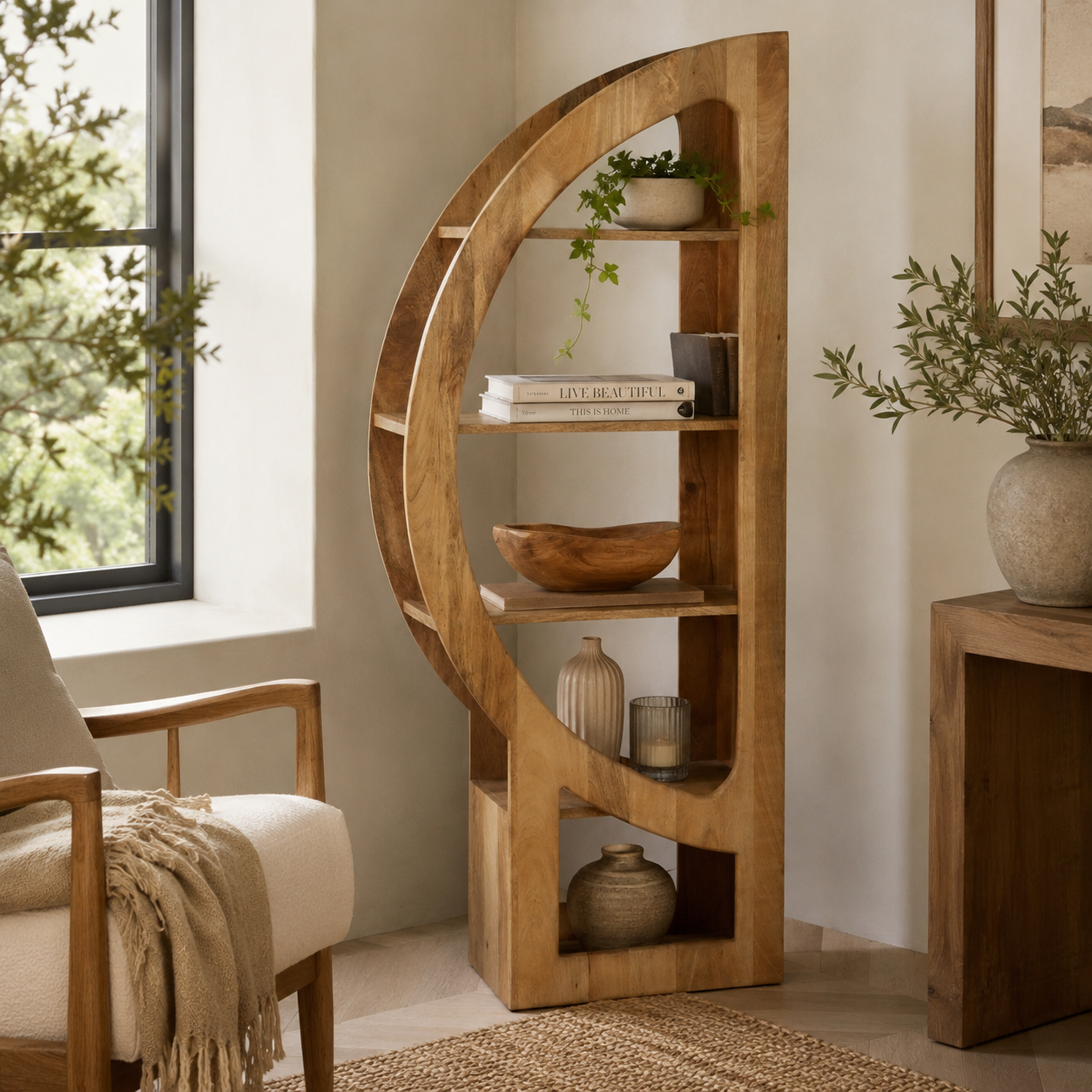 A tall, curved wooden bookshelf with open shelves stands in a styled room corner beside a window, holding books, bowls, vases, and small plants. A cream upholstered chair with a beige throw is partly visible on the left, and a wooden side table with a plant is on the right.