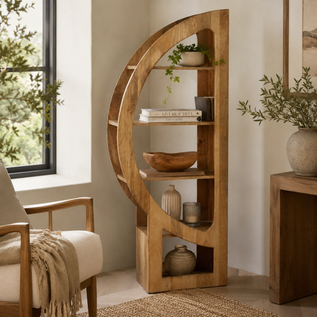 A tall, curved wooden bookshelf with open shelves stands in a styled room corner beside a window, holding books, bowls, vases, and small plants. A cream upholstered chair with a beige throw is partly visible on the left, and a wooden side table with a plant is on the right.