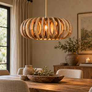 Jadana Multi Ring Wooden Pendant Ceiling Light lit over a rustic dining table with a carved wooden bowl