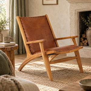 The Jakarta Brown Leather and Teak Wood Chair with Stud Detail beside a stone fireplace with stacked logs, in a sunlit living room.