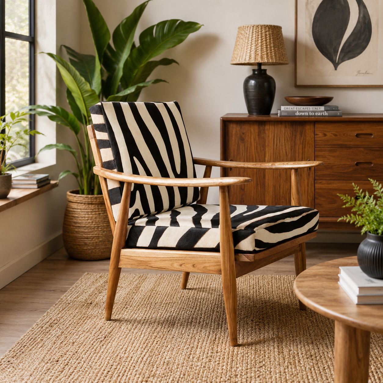 Zebra patterned chair with teak wood frame in a room with a mid-century style sideboard and a plant.