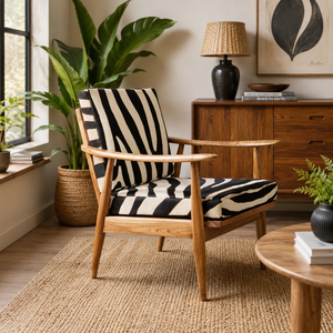 Zebra patterned chair with teak wood frame in a room with a mid-century style sideboard and a plant.