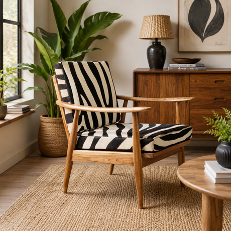 Zebra patterned chair with teak wood frame in a room with a mid-century style sideboard and a plant.