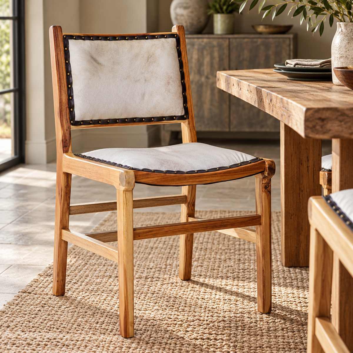 The Jakarta Cowhide and Teak Wood Dining Chair with a cream hair-on cowhide seat and back, at a rustic wooden dining table on a jute rug.