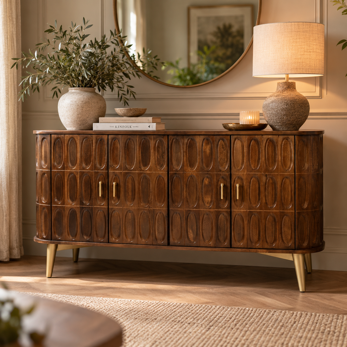 A mid-century modern wooden sideboard cabinet with a textured oval pattern, styled in a warm, elegant room with a lamp, books, and a vase of greenery.