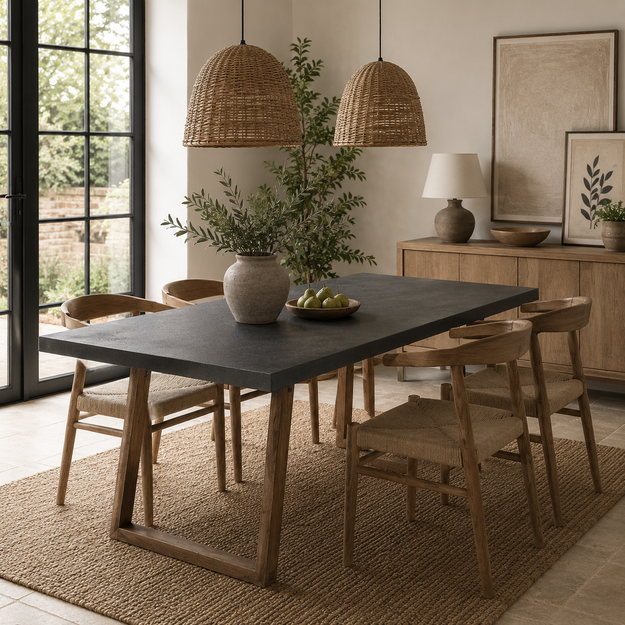 A modern dining room scene featuring a dark gray rectangular concrete table with light wood legs, surrounded by woven and wood dining chairs on a jute rug. The room is styled with wicker pendant lights, a wooden sideboard, and a large potted plant.