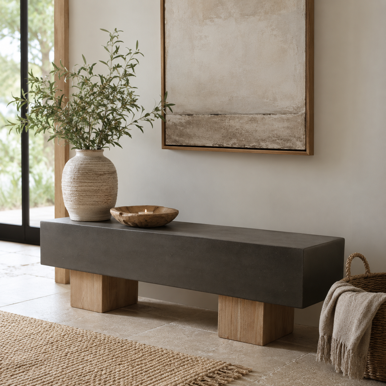 Dark charcoal bench with natural wood legs styled in a neutral hallway with a ceramic vase, greenery and woven textures.