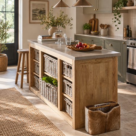 A rustic wooden kitchen island with a concrete countertop, built-in wicker baskets, and a fur-trimmed storage basket on the floor, set in a bright, modern kitchen with sage green cabinets and warm natural light.