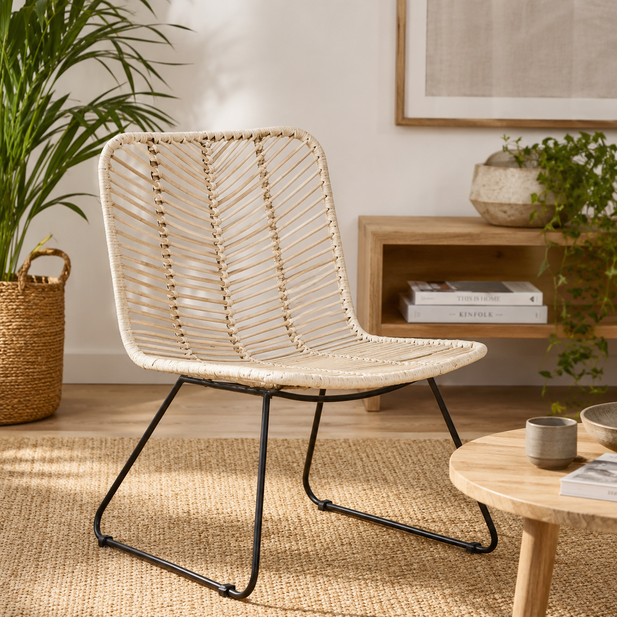 Woven chair in a cosy living room setting with plants and a coffee table.