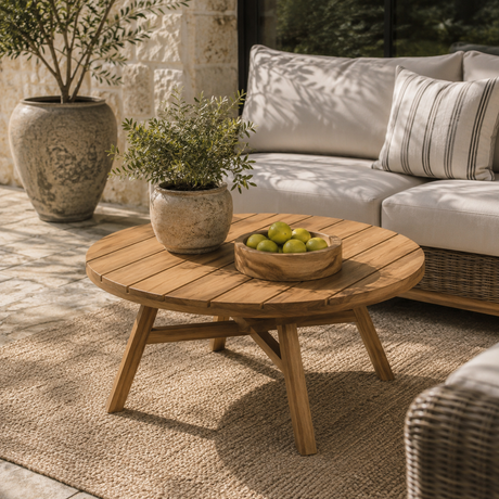 A round wooden coffee table in a sunlit outdoor patio setting, styled with a bowl of green apples and a potted plant on top, with a sofa and large potted plants in the background.