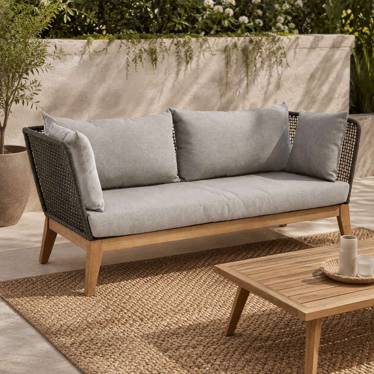 Woven sofa with gray cushions and wooden frame on a patio with a coffee table.