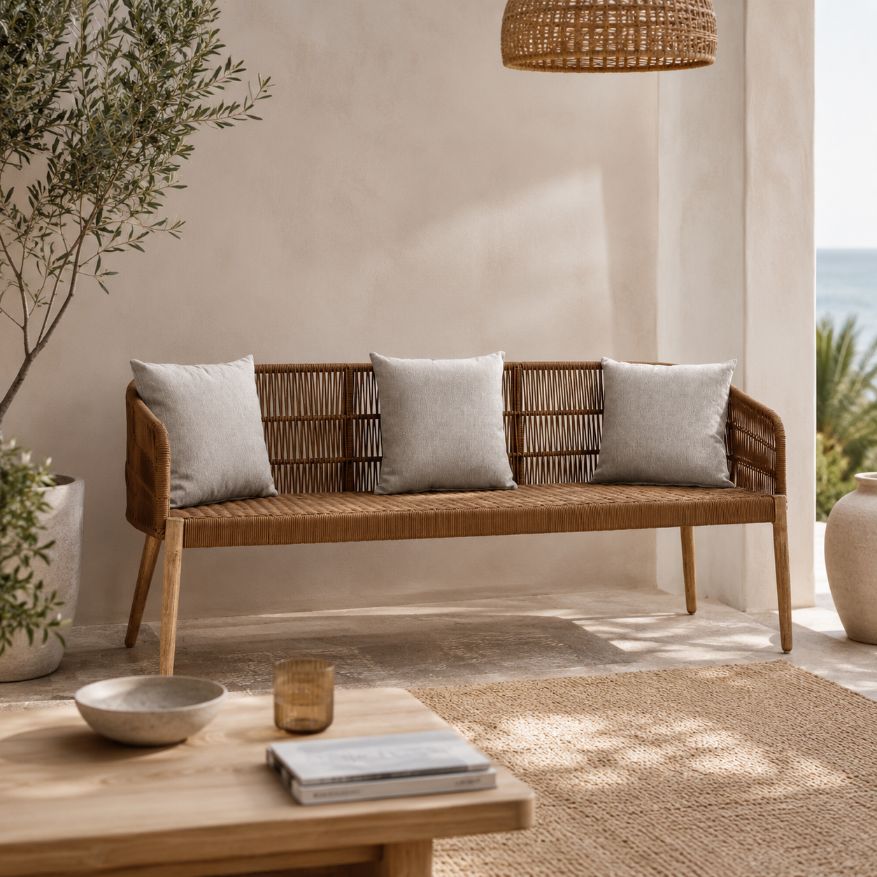 Woven bench with grey cushions in a modern living room setting.