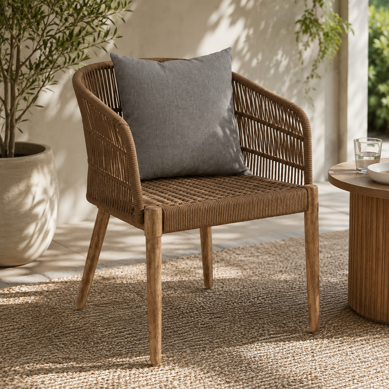 Wicker chair with a gray cushion on a patio with plants and a small table.