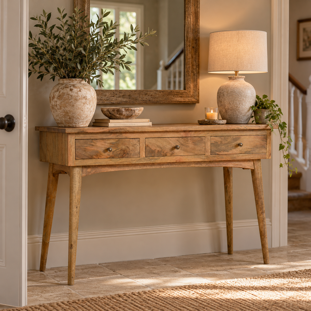 A rustic wooden console table with three drawers and tapered legs, styled in a warm entryway with a mirror, lamp, ceramic vase, and plants.