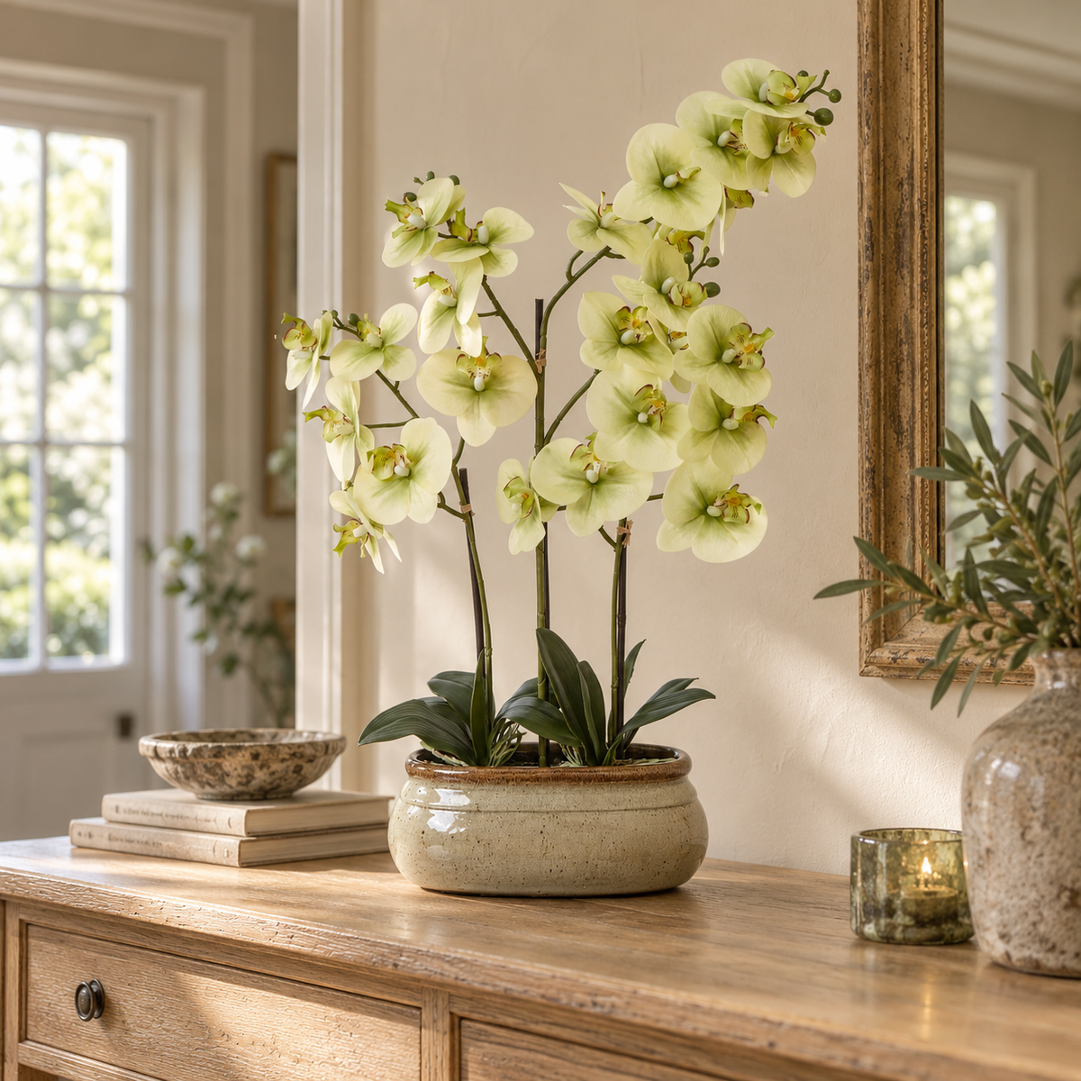 Large Green Orchid In Ceramic Pot on a pine chest of drawers, beside a lit candle, a stoneware bowl and books