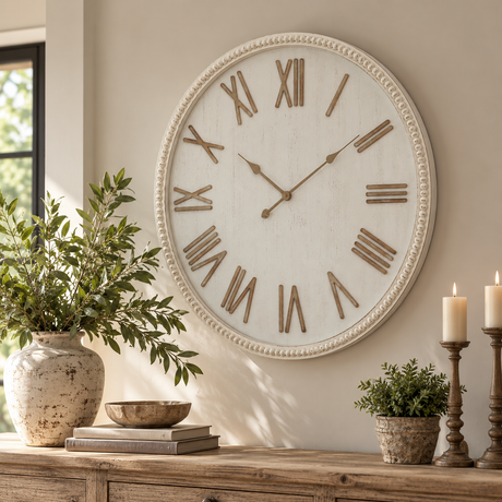 Large Rustic White Clock With Beaded Frame hung above a rustic wooden sideboard with olive branches in a stone vase, books and wooden candlesticks