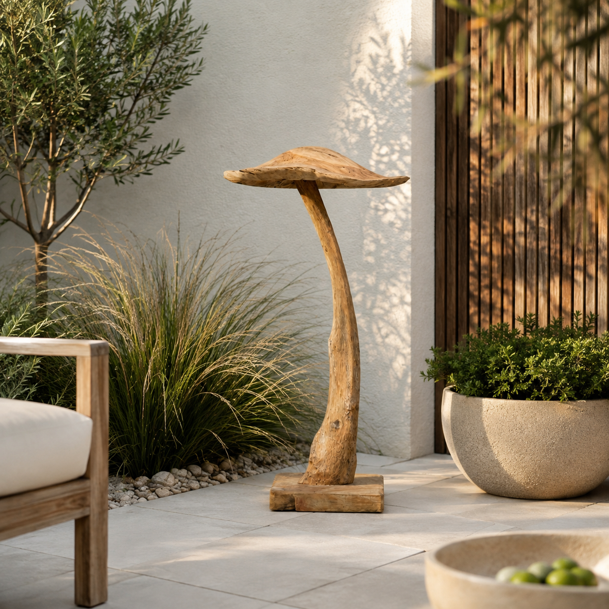 A mushroom-shaped wooden ornament made from natural tree trunk and branches, placed on a light stone patio in a garden setting with plants and a chair nearby.