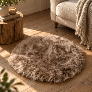 Light Brown Sheepskin Circle Rug on a wooden floor beside a cream armchair and a tree stump side table