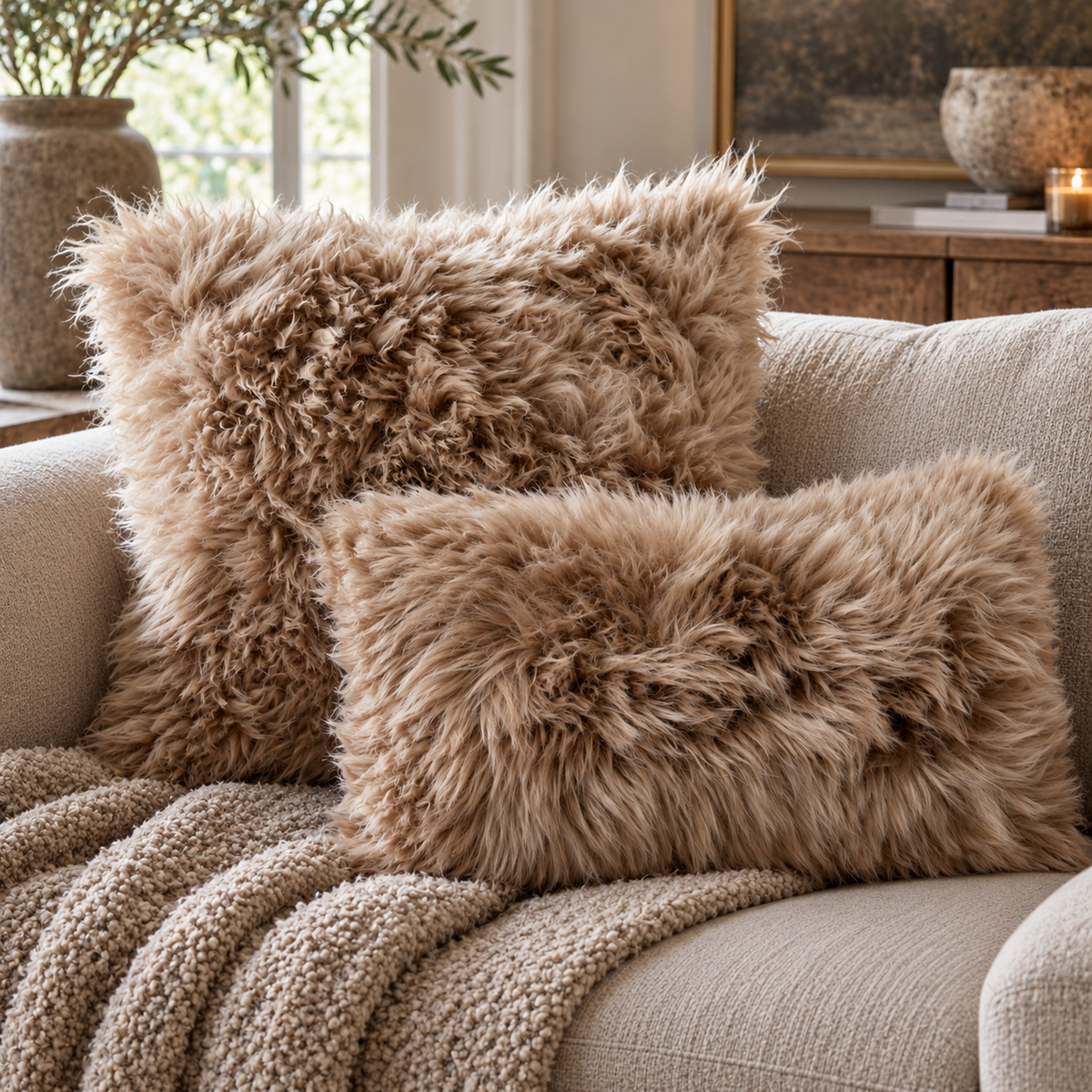 Square and rectangular Light Brown Sheepskin Cushions on a cream sofa with a knitted throw, beside a stone vase of olive branches