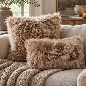 Square and rectangular Light Brown Sheepskin Cushions on a cream sofa with a knitted throw, beside a stone vase of olive branches