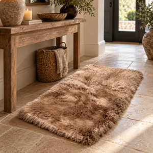 Light Brown Sheepskin Rectangle Rug on a stone-flagged hallway floor in front of a rustic wooden console and a woven basket