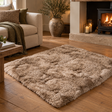 Light Brown Sheepskin Rug on a wooden floor in front of a log burner, beside a cream sofa and a large stoneware urn