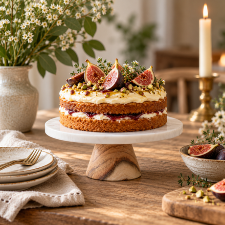 The Loxley Round White Marble and Acacia Wood Cake Stand holding a layered fig and pistachio cake on a rustic wooden table with candles and flowers.