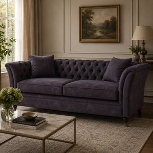 Lucinda three seater grey velvet sofa in a traditional room setting