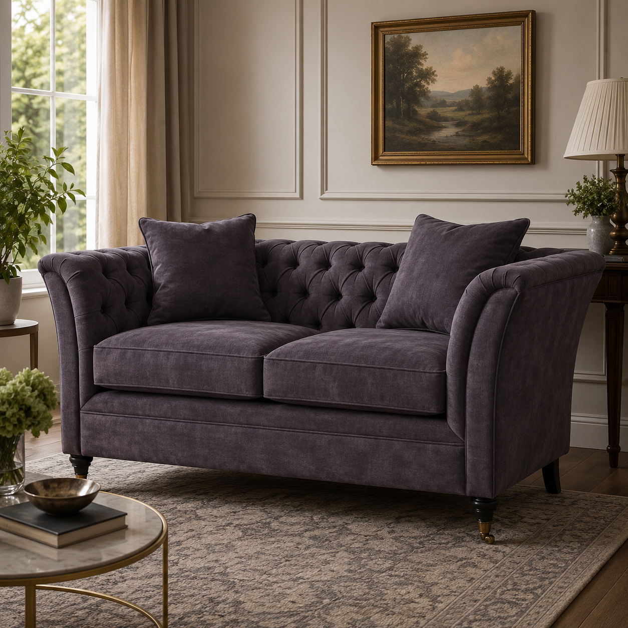 Lucinda grey two seater velvet sofa in a traditional room setting