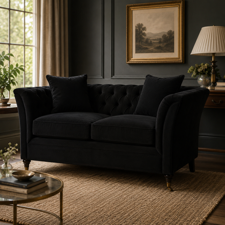 Lucinda two seater black velvet sofa in a room with a woven rug and black walls