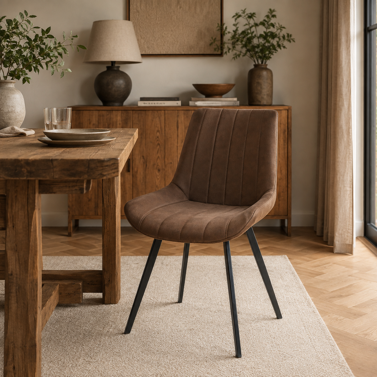 A brown upholstered dining chair with vertical channel tufting and black metal legs, shown in a styled dining room setting next to a rustic wooden table.