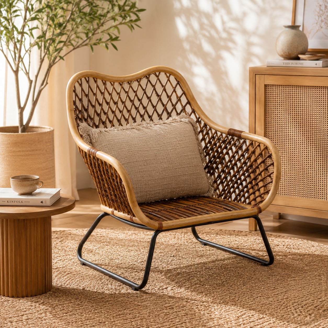 Marano black iron frame woven chair with a pillow in a cosy room setting with a plant and side table.