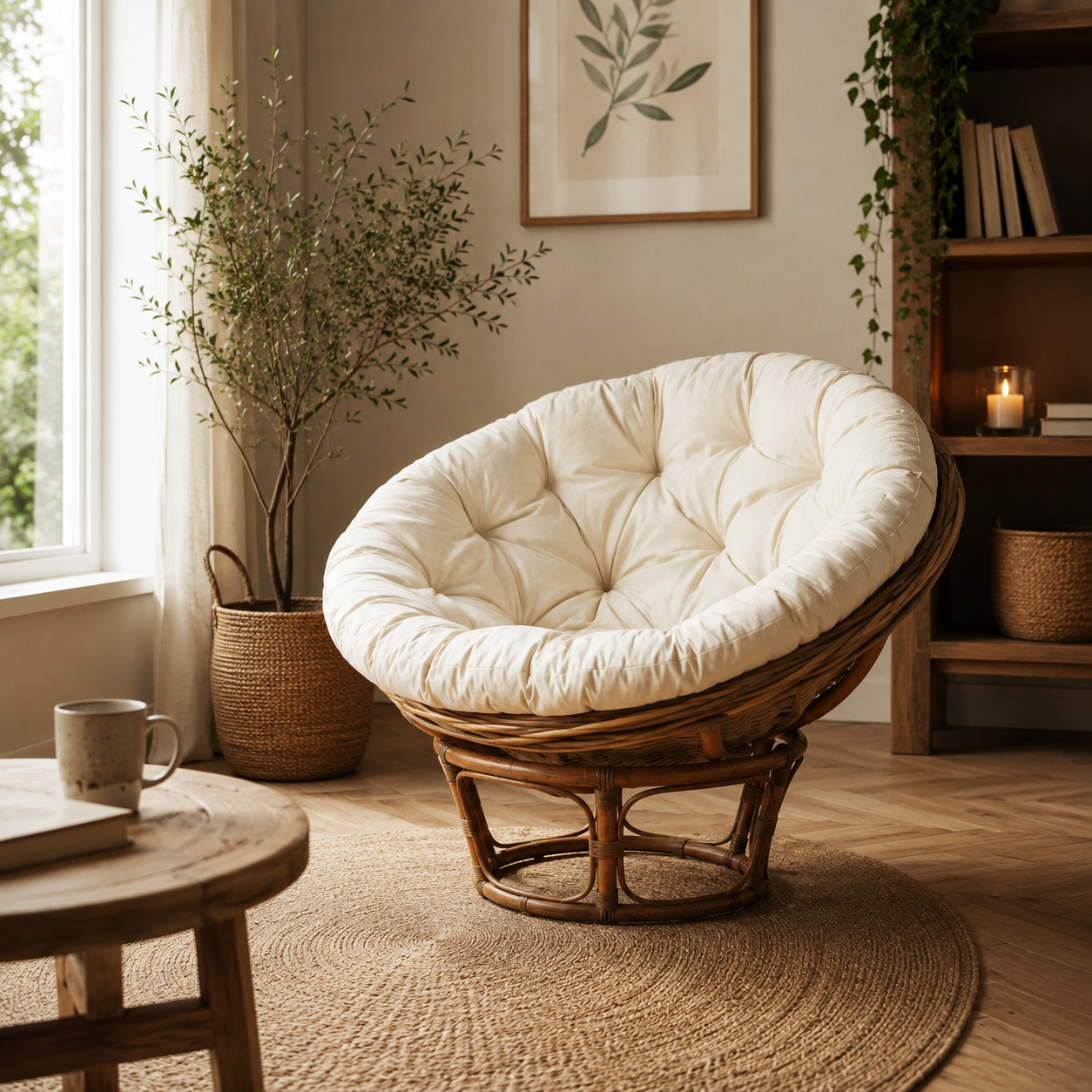 Murano round rattan chair with a cream cushion in a cosy room with a window, plant, and bookshelf.