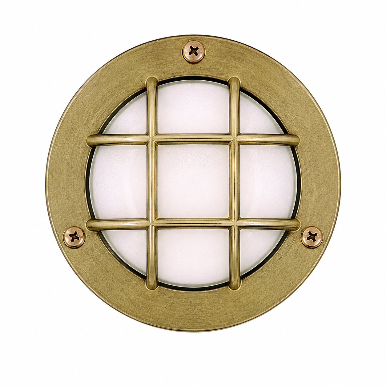 Round brass light fixture with grid design on a white background