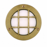 Round brass light fixture with grid design on a white background