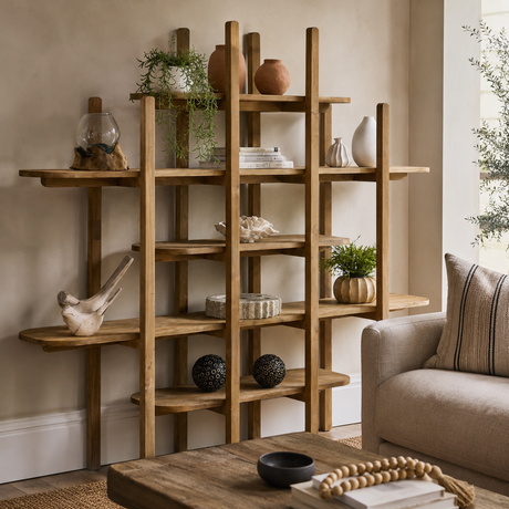 A tall, rustic wooden shelving unit with an asymmetrical, geometric design, styled with home decor items in a cozy living room setting next to a beige sofa.