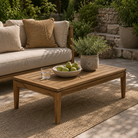 A rectangular wooden coffee table in a warm medium brown tone, styled on a beige rug in an outdoor patio setting. The table is decorated with a white bowl of green apples, a glass of water, and a potted green plant.