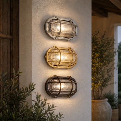 Three outdoor wall sconces with ribbed glass shades mounted vertically on a stucco pillar. The top sconce has a silver-toned metal frame, the middle has a gold-toned frame, and the bottom has a dark bronze-toned frame.
