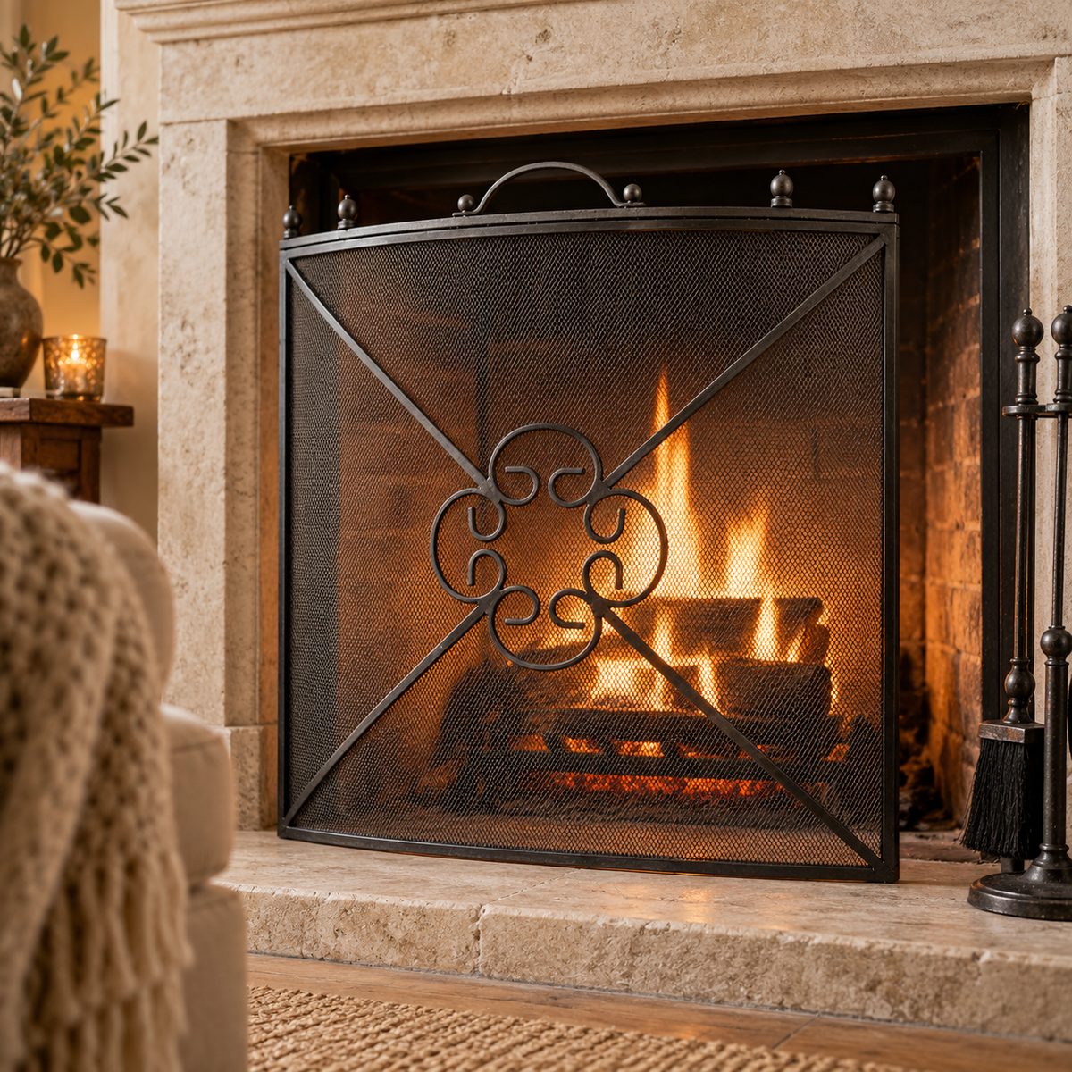 Antique pewter mesh fireguard in front of a lit open fire in a stone fire surround, with a knitted throw beside it.