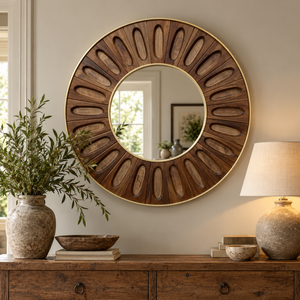 Minda Oval Tile Brass Edged Wooden Round Mirror above a wooden sideboard with an olive branch and a stone lamp