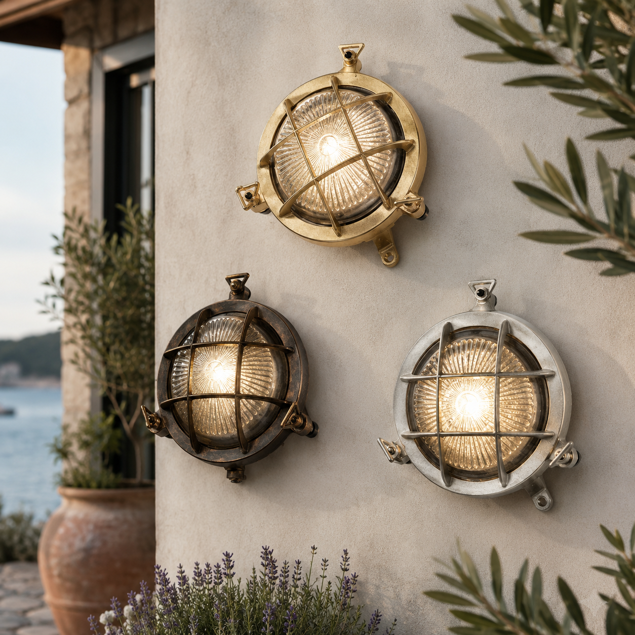 Three round outdoor wall lights on a textured wall with plants and a view of water.