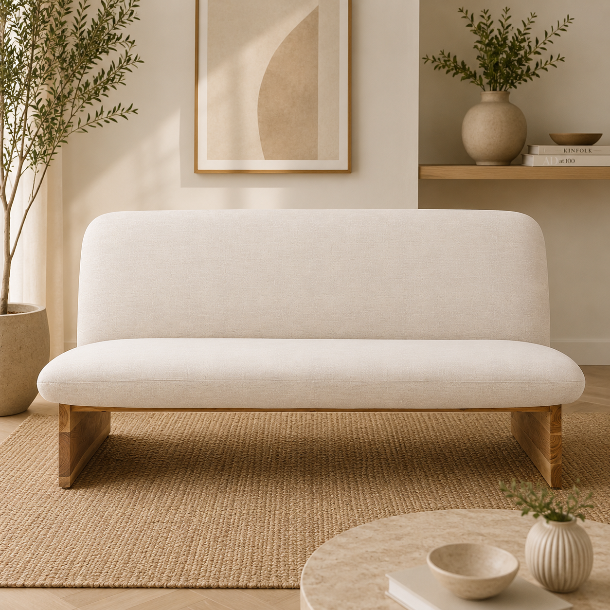 Front view of a cream linen armless sofa in a room with a woven rug and decor items 
