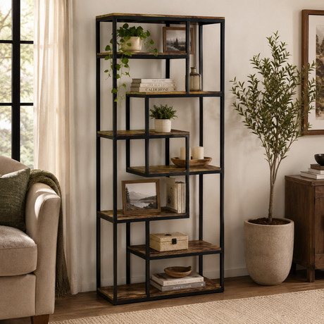 A tall black metal shelving unit with five rustic dark wood shelves, styled with books, small plants, and framed photos in a bright living room next to a sofa and a potted tree.
